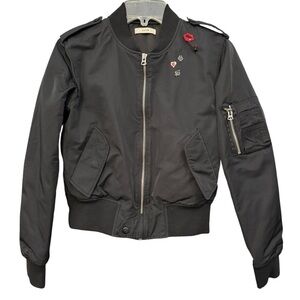 System Black Bomber Jacket Small Epaulets Novelty Pins Korea